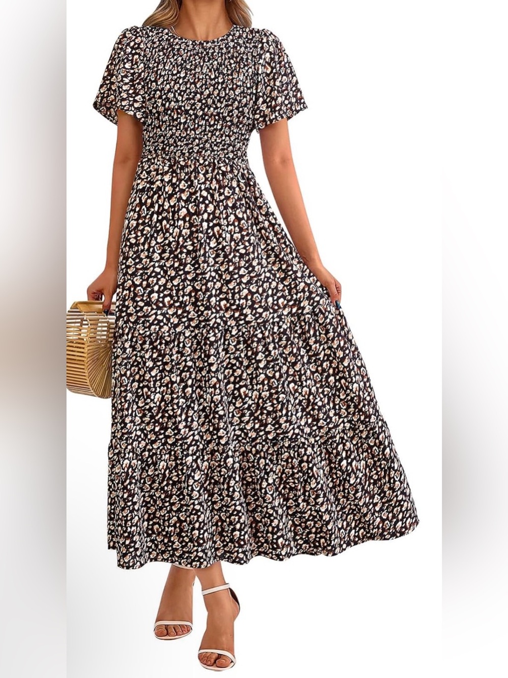 Pretty Garden Black Floral Smocked Midi Dress - Pretty Garden